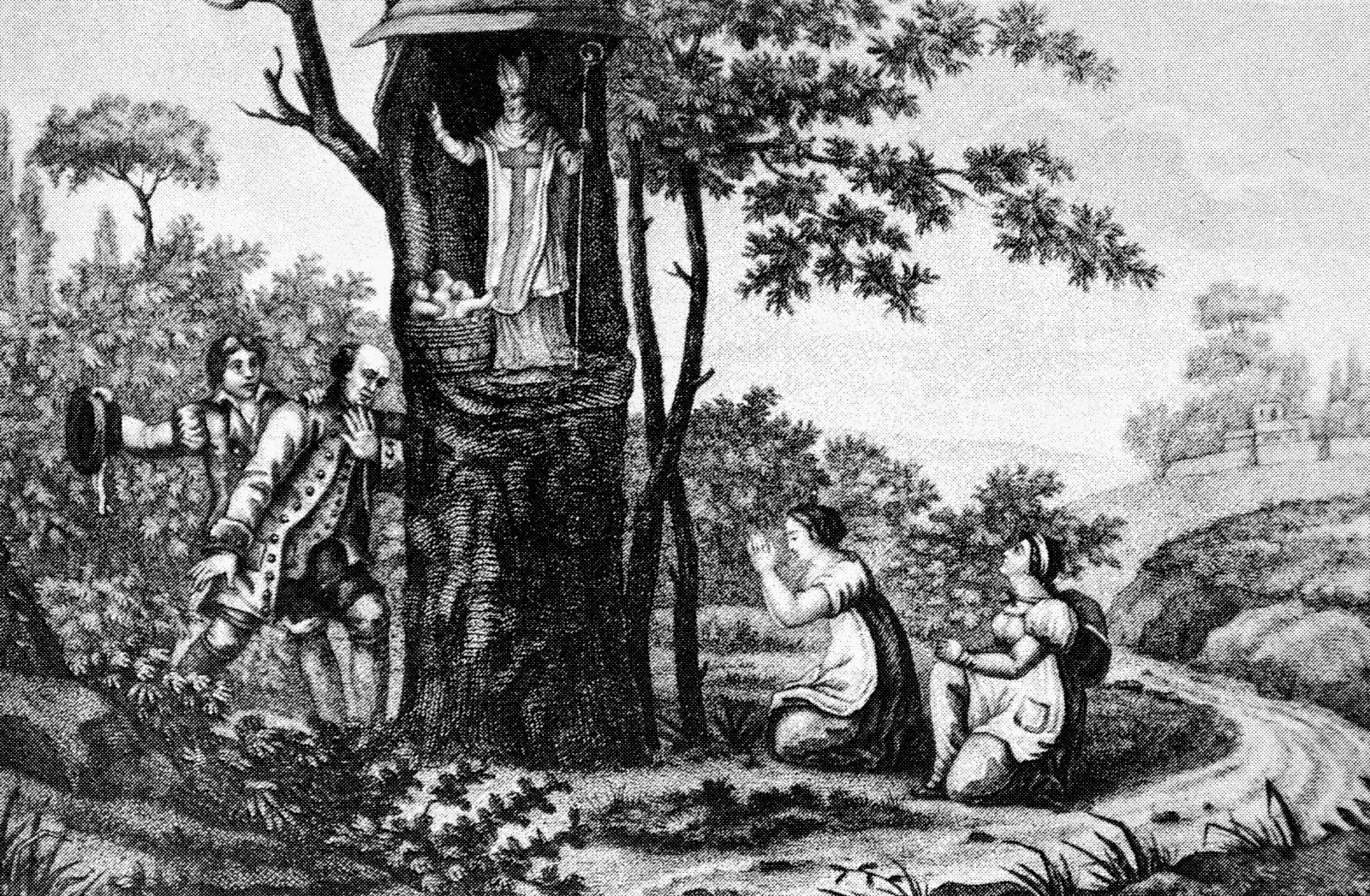 1. 19e eeuwse prent van Sint Nicolaas in een holle boom